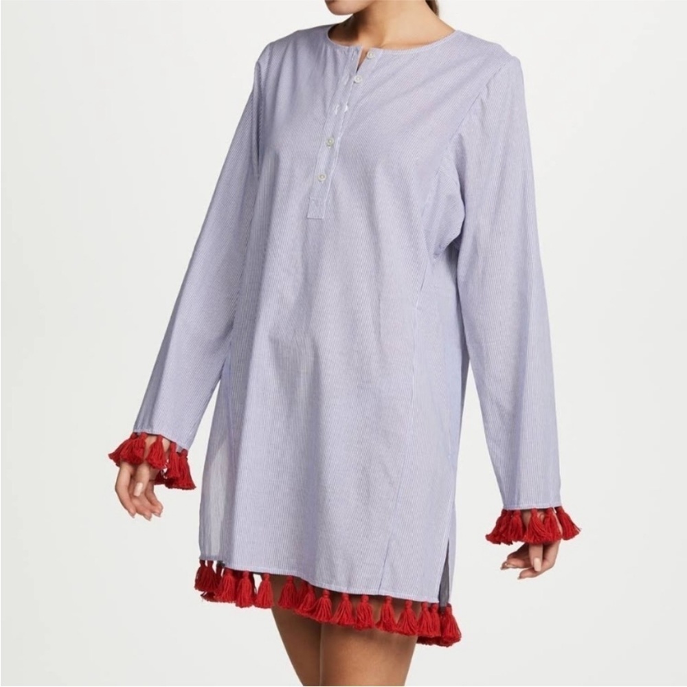 Tory Burch Sandy Beach Tunic Cover Up S Blue White Stripe Red Tassel